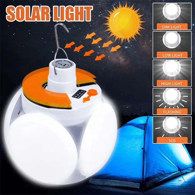 Solar Light Bulb Camping Solar LED Light USB Rechargeable 5Lighting Modes Tent Hanging Bulb for Outdoor Hiking Emergency Outage