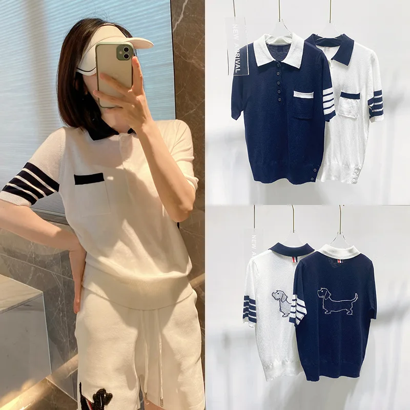 

High Quality Korean Fashion TB Color-block Cinched Waist Summer Polo Shirt T-shirt Women's Short Sleeve Knit Pocket Lapel Top