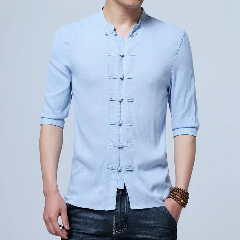 Tradictional Chinese Clothing For Men Kung Fu Tai Chi Tang Suit Style Tops Half Sleeve Cotton Linen Chinese Style Shirts chinese dress martial arts clothing