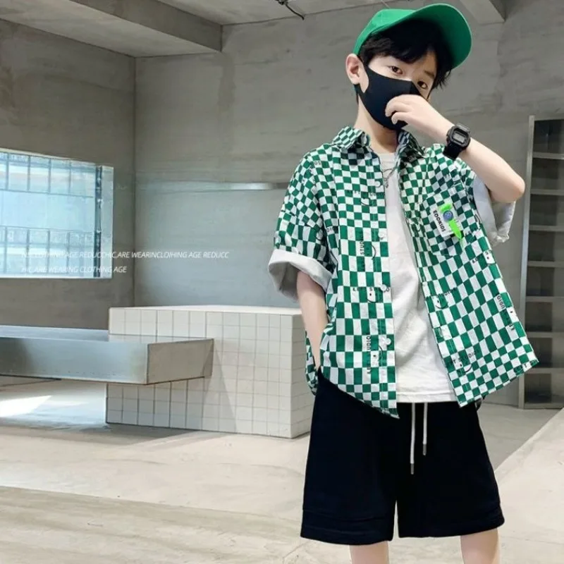 남아 체크무늬 캐주얼 셔츠 2026 여름 신상 키즈 중대형 멋스러운 트렌디 면 혼방