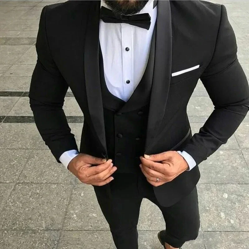 Formal Black Blazer Suits for Men Shawl Lapel Single Breasted Elegant 3 Piece Jacket Pants Vest Luxury Business Male Clothing