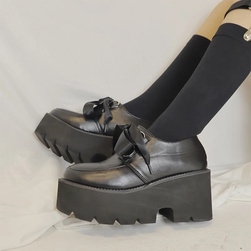 

Gothic Round Toe Shoes Platform Chunky Heels Shoe Women Lace Up Oxfords Women Punk Thick Heel Pumps Mary Jane Lolita Shoes Black