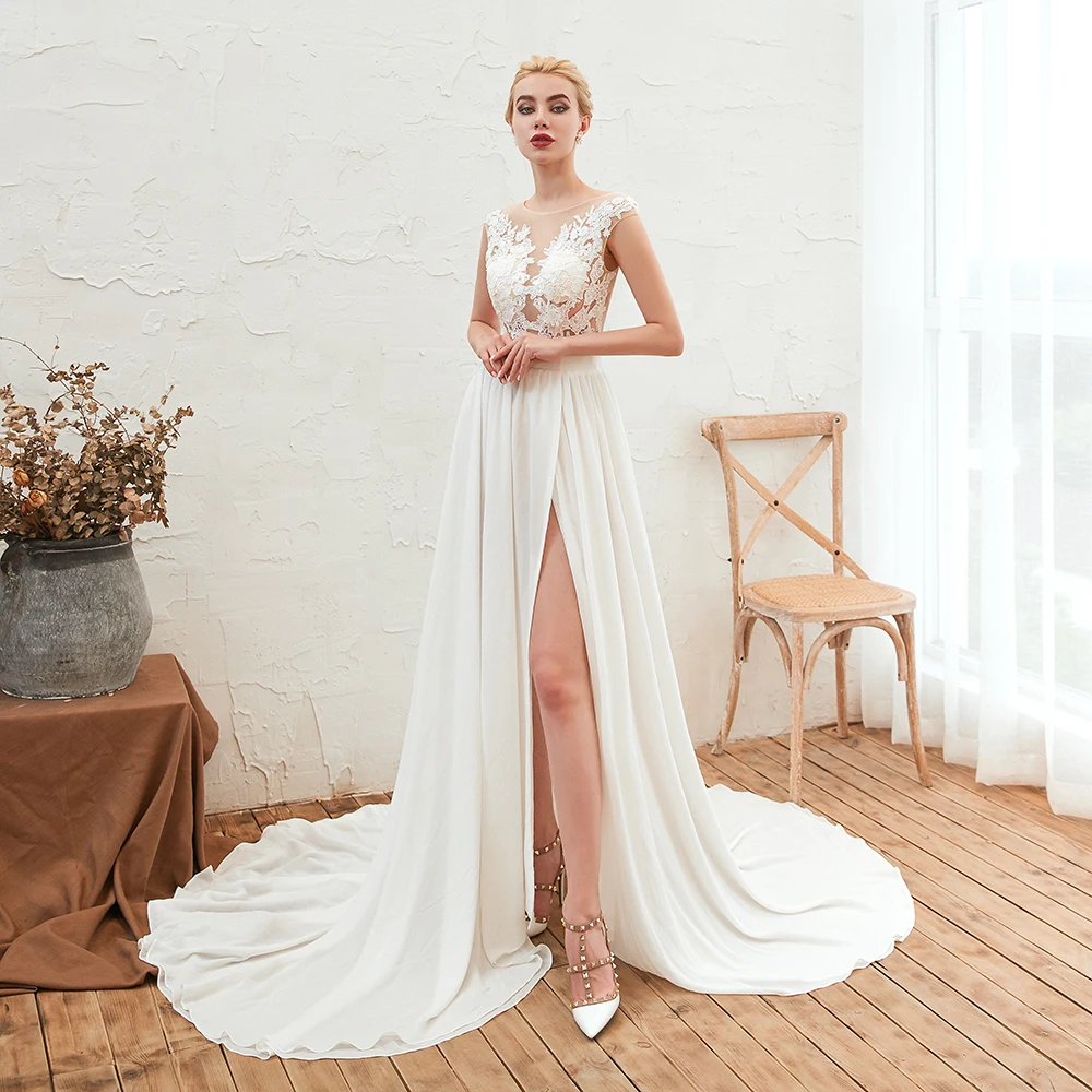 Beach Wedding Dresses 2024 New Sexy Side Slit White Boho Bridal Gown Court Train Chiffon vestidos de noiva