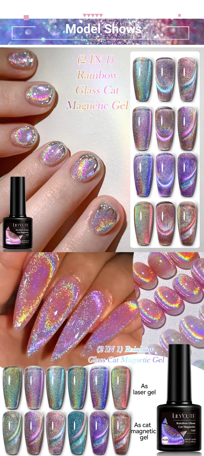 Description Picture 3 of itemLILYCUTE 7ML Sparkling Glitter Rainbow Cat Magnetic Gel Nail Polish 9D Colorful  Semi Permanent Soak Off Nail Art UV Gel Varnish