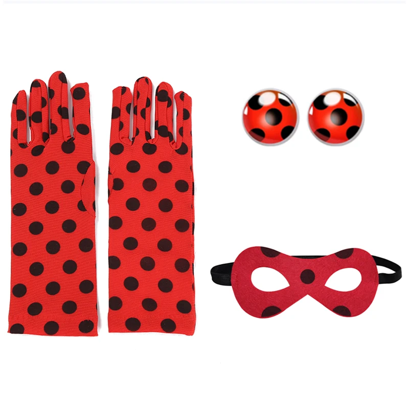 Mädchenkostüm, roter Marienkäfer, Handschuhe + Ohrringe + Maske, 3-teiliges Set, Weihnachten, Halloween, Karneval, Anzieh-Cosplay-Zubehör-Set