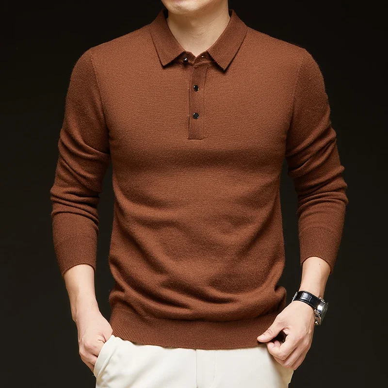 Men's Autumn Winter Lapel Wool Knitted Sweater Long-Sleeved Solid Color Thickened Polo Shirt Bottoming Layering Top 3