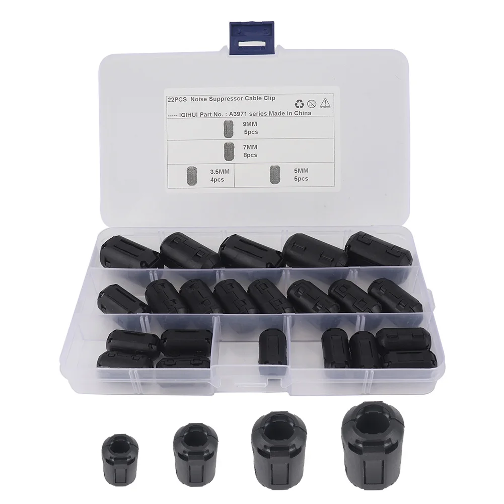Clip On Ferrite 3.5mm/5mm/7mm/9mm Bead Noise Suppressor Anti-Jamming Toroidal Clip-on Clamp RFI EMI Noise Magnetic Filter 22Pcs cable noise suppressor