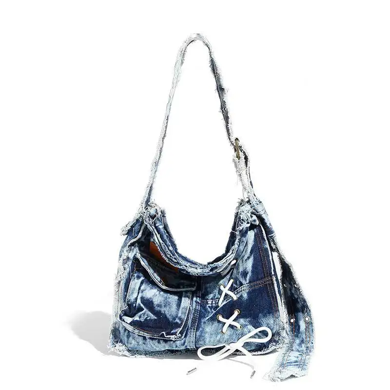 Women's Denim Shoulder Bag Big Capacity Y2K Hot Girl Vibe Distressed Washed Denim Retro Small Batch Wasteland Style Tote