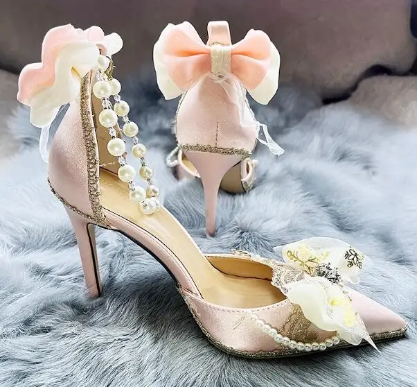 

Retro Women Butterfly Knot Pointed Toe Pearl Wrap Crystal Rhinestone Shallow Slip On Thin Heels Lolita Pumps Girls Bride Shoes