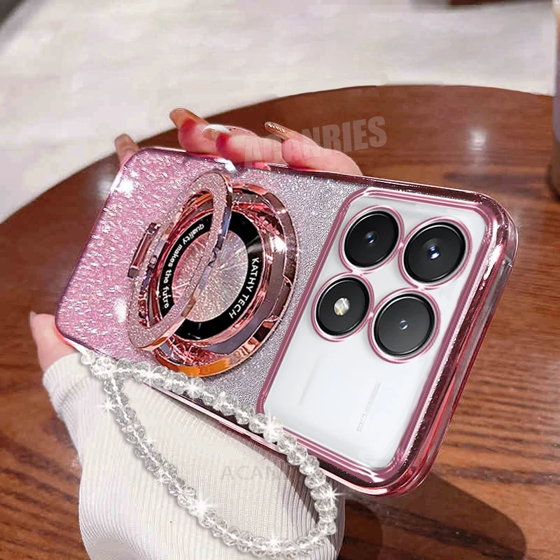 Glitter Plating Holder Chain Case with Lanyard and Silicone Stand Cover