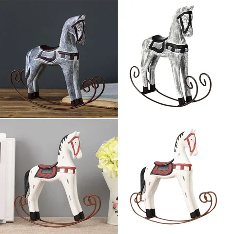 

Wooden Nordic Rocking Horse Statue Wedding Decor Wood Horse Crafts DIY Bar Living Room Ornament Kids Toys