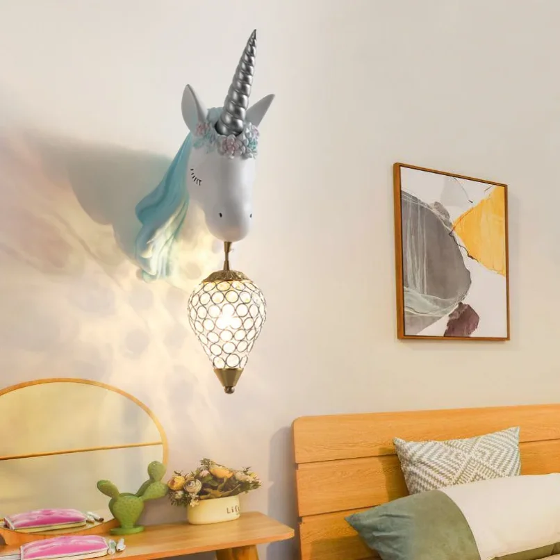 Novelty Unicorn Pink Wall Mounted Lamps for Children Kids Bedroom Bedside Cute School Horse Sconce Light Fixtures Girl Indoor 3
