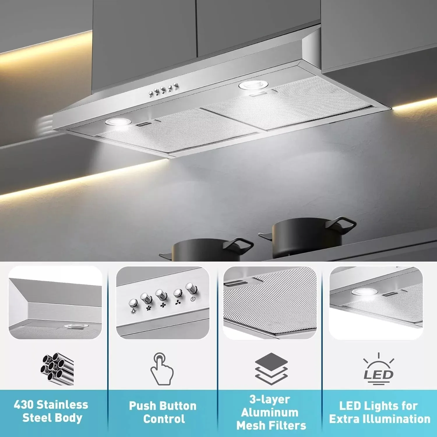 30inch Under Cabinet 500CFM 3-Speed Vent Stainless with Led Bulb Range Hood US0475A 6