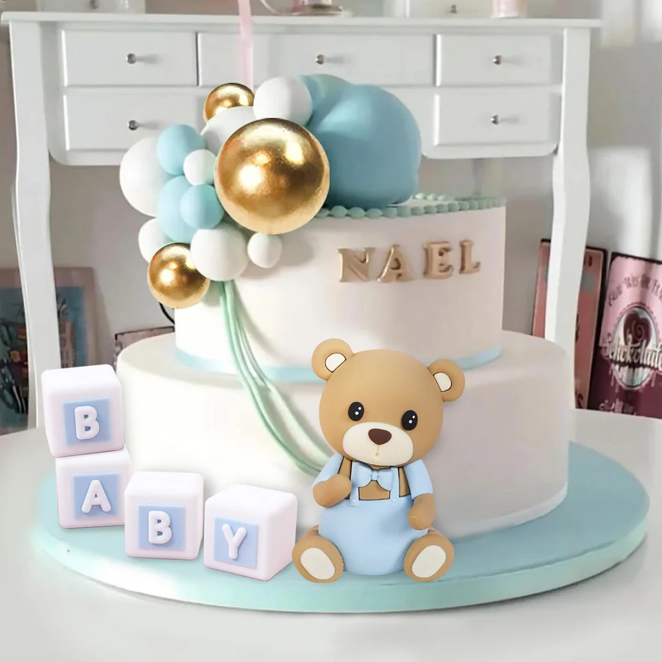 Decorazioni Torta Compleanno Baby Shower - Set Orso Blu Con Cavallo, Auto E Scritta BABY