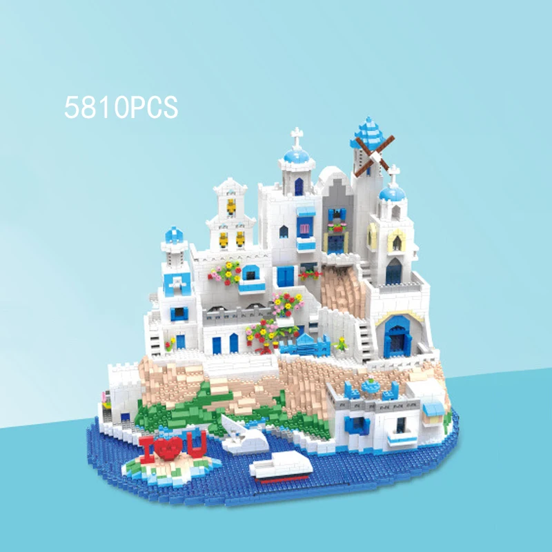 

Europe World Famous Tourist Attractions Micro Diamond Block Greece Aegean Sea Santorini Nanobrick Architecture Build Brick Toys