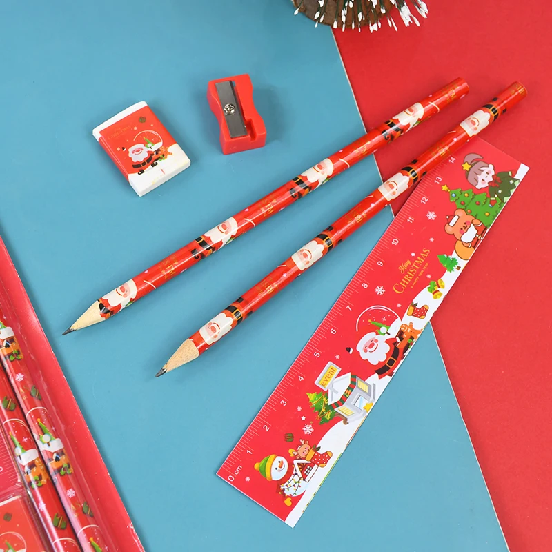 Christmas Stationery Set Kids Cartoon Pencils Eraser Ruler Sharpener Kit Office School Supplies Back To School Gift Kids Rewards