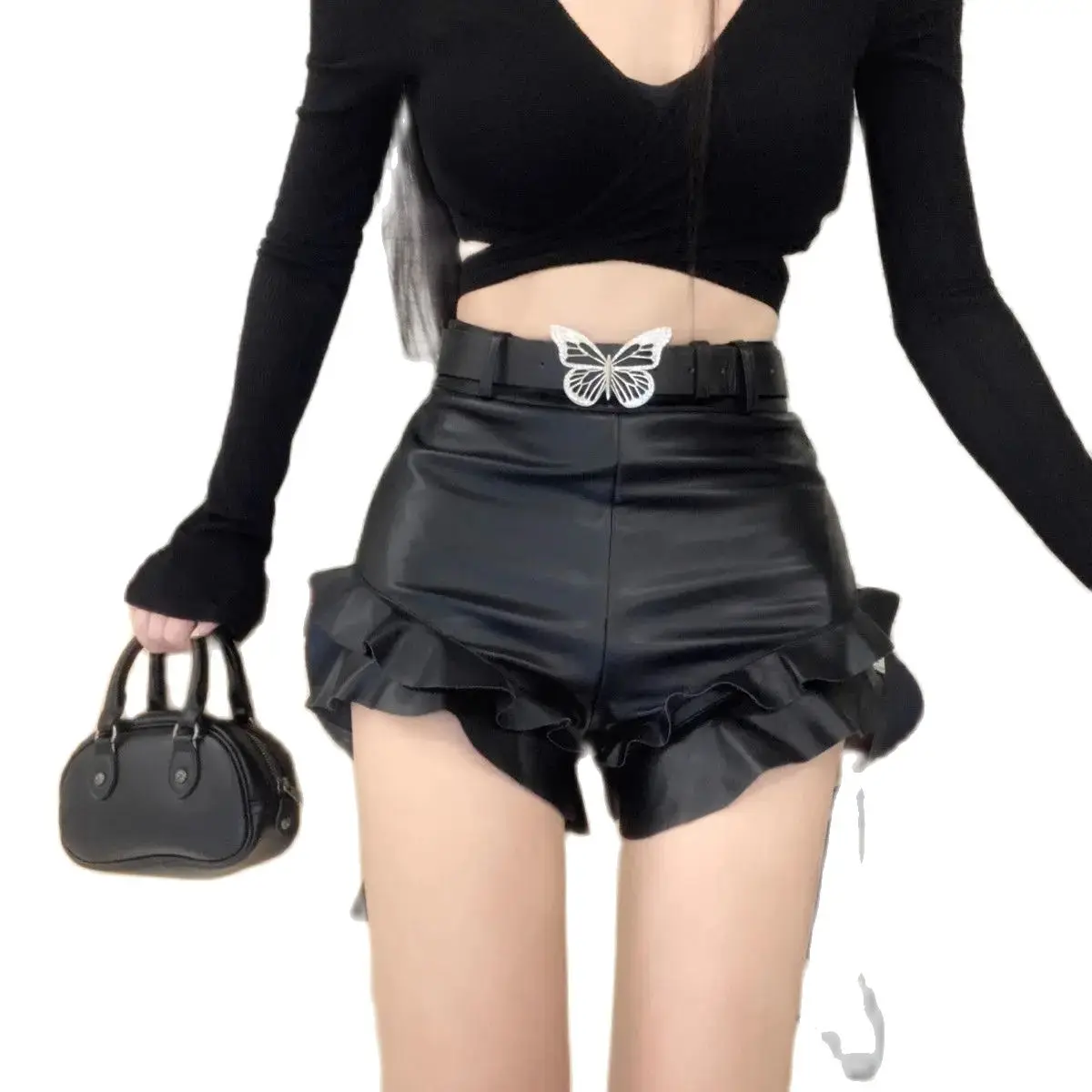 Pu Leather Shorts Sexy Casual High Waist Leather Pants Women'S Autumn Evening Party Solid Color Girl Short Pants With Belt