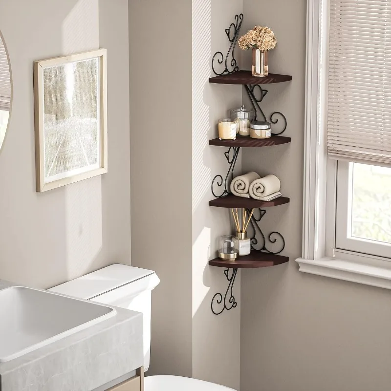 Corner Shelf Wall Mount, 4 Tier Floating Shelves for Wall, Easy-to-Assemble Wall Shelves Rustic Wood Decor 6