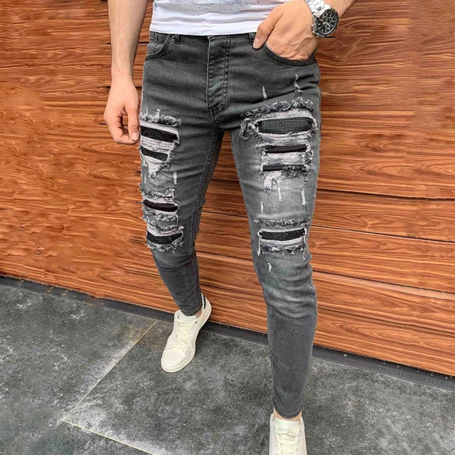 Calça jeans skinny com costura de frmasculina, hole com buraco ripped,  ideal para motocicleta, uso urbano, na moda - AliExpress