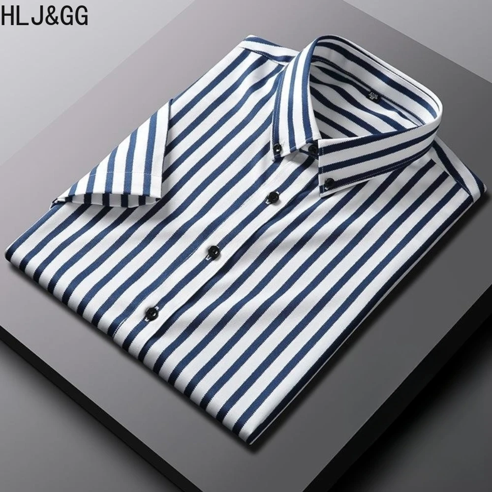 

HLJ&GG Fashion Stripe Shirts for Man Summer New Man's Elasticity Slim Short Sleeve Shirt High Quality Homme Non Ironing Blouse