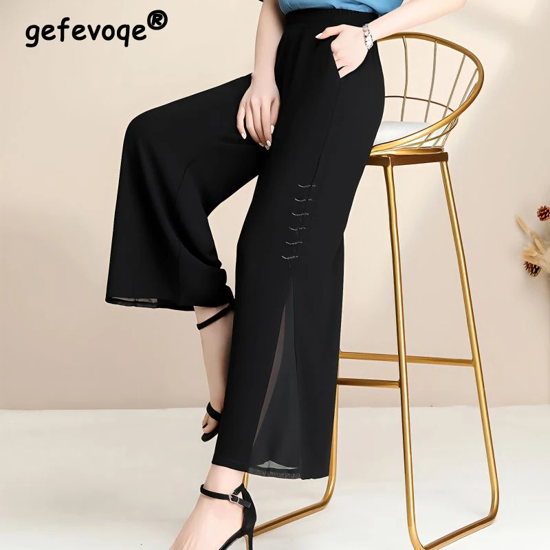 2023 Women Summer Rhinestone Elegant Wide Leg Pants Korean Office Lady High Waist Solid Thin Breathable Chiffon Cropped Trousers 2023 autumn new letters rhinestone black pants for women slimming high waist casual pants lady s y2k trousers