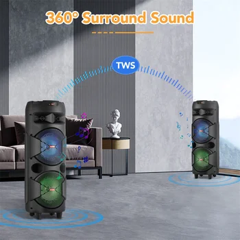 4000W Portable Bluetooth Speaker Dual 6.5" Woofer Sound System Party DJ With Microphone Remote Led Light TWS 2