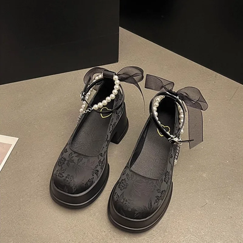 Spring Women Thick Platform Mary Janes Lolita Shoes Summer 2024 New Bow Chain Party Pumps Fashion Oxford Shoes Zapatos De Mujer 2