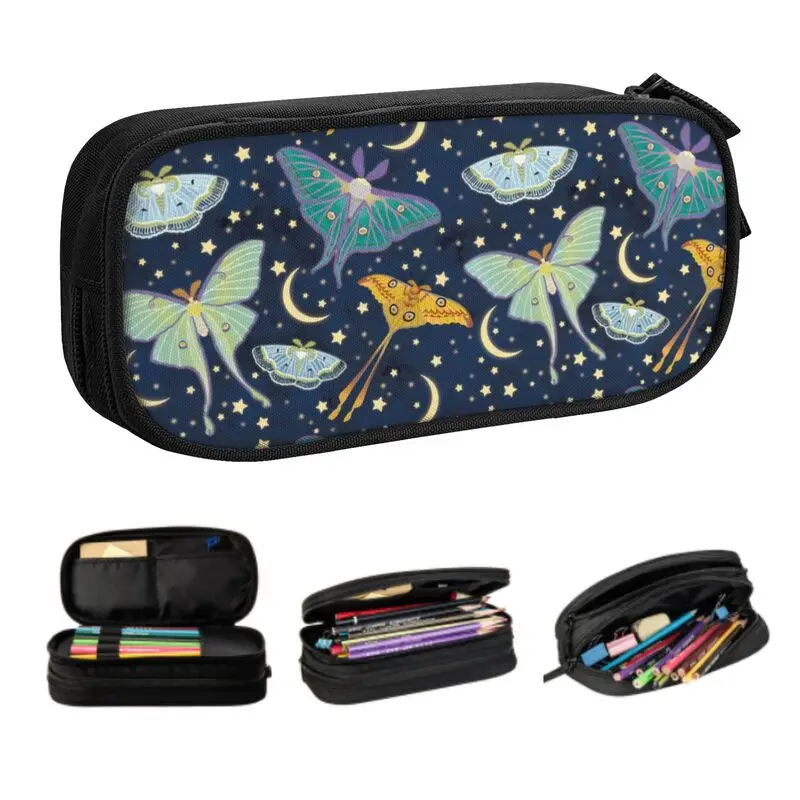 

Kawaii Moon Moth Pattern Pencil Cases for Girls Boys Large Storage Insect Pencil Bag School Supplies
