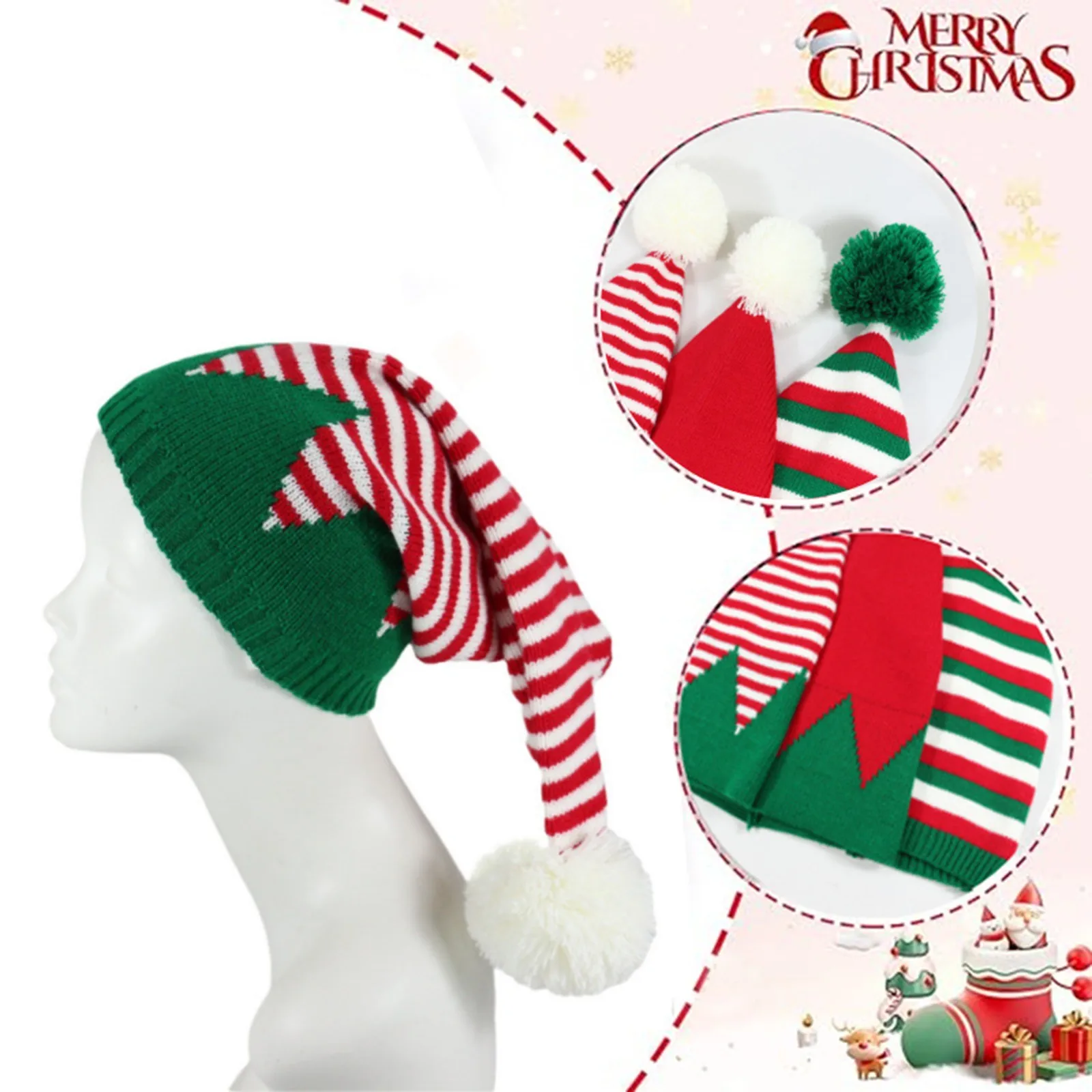 Christmas Elf Santa Beanie - Knitted Red Green Striped Hat