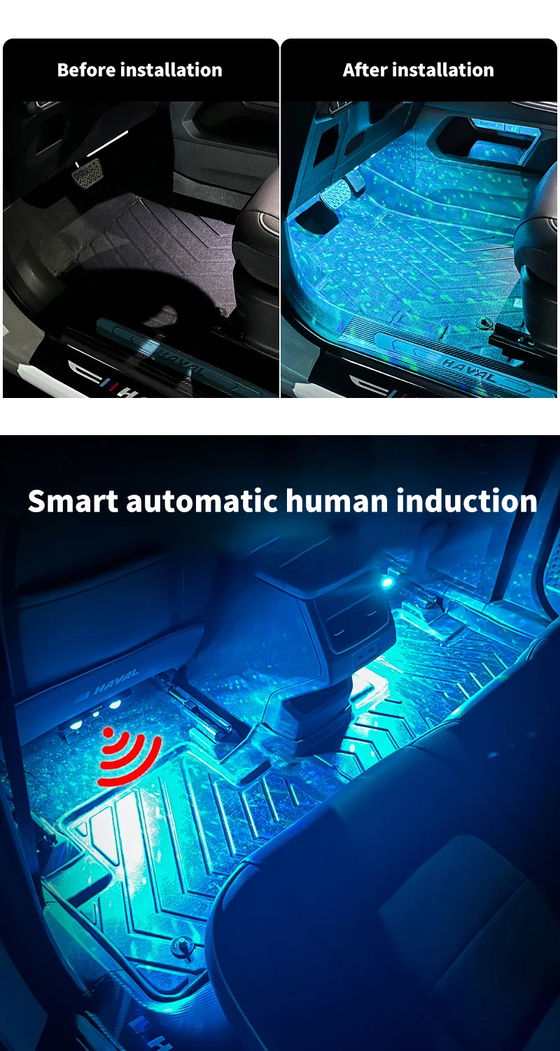 Ambientebeleuchtung für Autos, kabellose LED-Beleuchtung mit automatischer Sensorik, farbenfrohe Sprachsteuerung, Innendekoration, kabellose Fußraumbeleuchtung – Detail 3