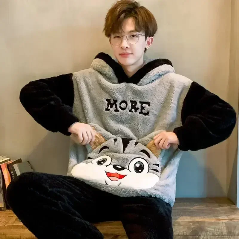 Autumn Winter Youth Sleep Clothes Suit Coral Plush Nightwear Large Size Pajamas Men Flannel Thicken Younger Male Homewear Set