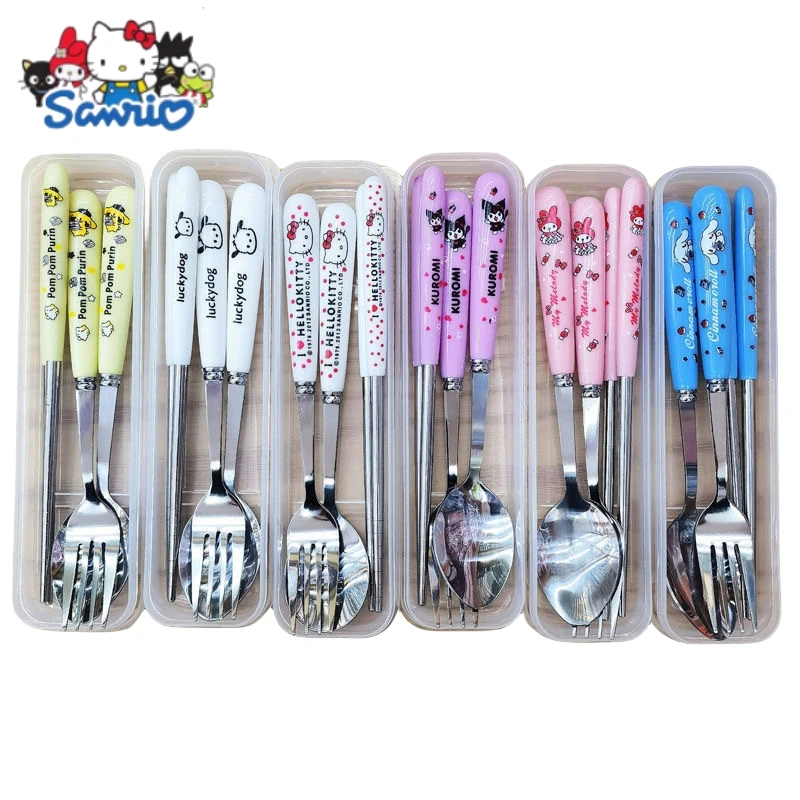 

Sanrio Hello Kitty Student Dinnerware Set Kitchen Tableware Anime Kuromi My Melody Pochacco Portable Cutlery Fork Spoon Kid Gift