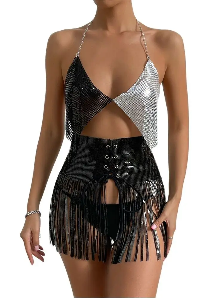 

Women Sexy Club Hollow Out Two Piece Sets Sequins Backless Halter See Through V Neck Crop Top Long Tassel Mini Skirts Outfits
