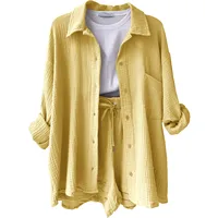Summer Cotton Linen High Waist Shirt Shorts Women Turn Down Collar Long Sleeve Tops and Shorts Suit Cotton Casual Two Piece Sets - Image 5
