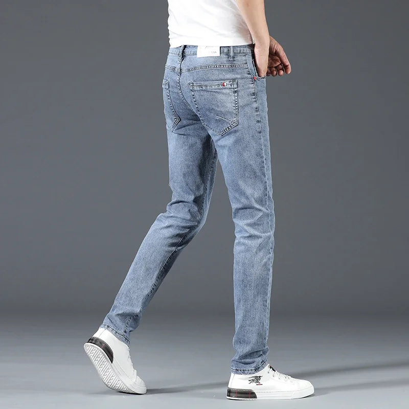2025 New Men's Cotton Business Casual Skinny Jeans Trendy Fashionable Stretch Straight Slim Denim Trousers Male Blue Grey 4