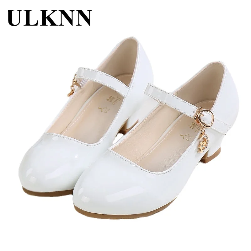 Girl's Leather Shoes Princess Silver Shoe for Girls Sandals High Heel Glitter Shiny Rhinestone Enfants Party Shoes