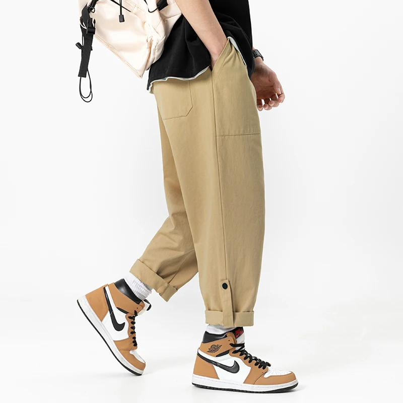 Men's clothing  Casual Sport Pants 100% Cotton Loose Foot Button Design Streetwear Fashion Man Cargo Pants New Spring Autumn