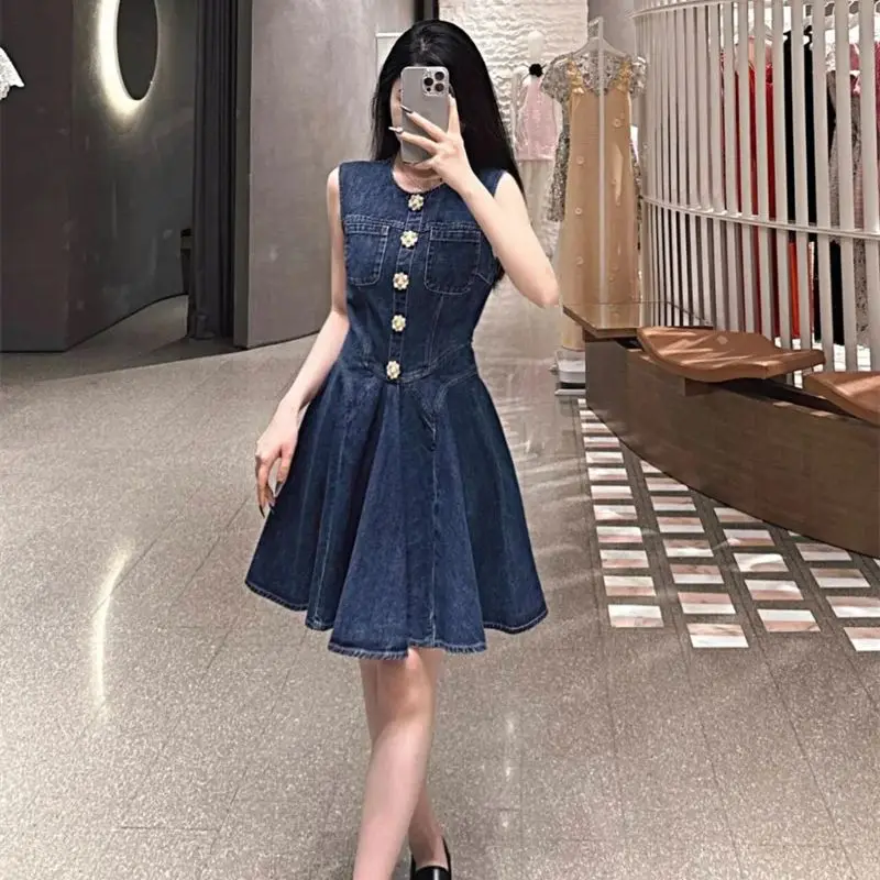 knee length dresses for ladies Medium Wash Denim Strapless Pintuck Mini Dress