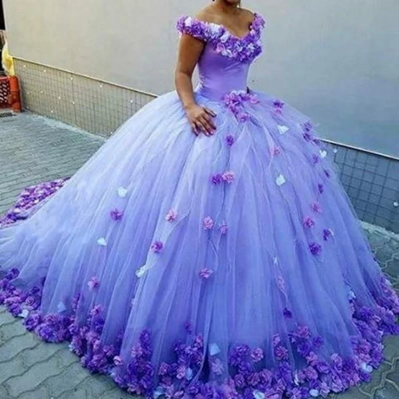 

Off Shoulder Quinceanera Dresses Flowers Puffy Ball Gown Orange Tulle Court Train Sweet 16 Birthday Party Girls Bridal Gowns