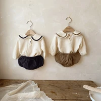 Nouveau-né bébé filles garçons automne manches longues col bleu marine haut t-shirts solide bas de pain infantile enfants pur coton vêtements ensemble 2 pièces 4