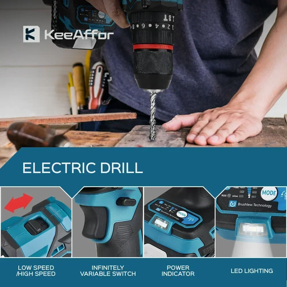 KEEAFFOR 1200W 450NM Torque Brushless Electric Impact Drill 20Gears Electric Screwdriver Cordless Tools For Makita 18v Battery 6