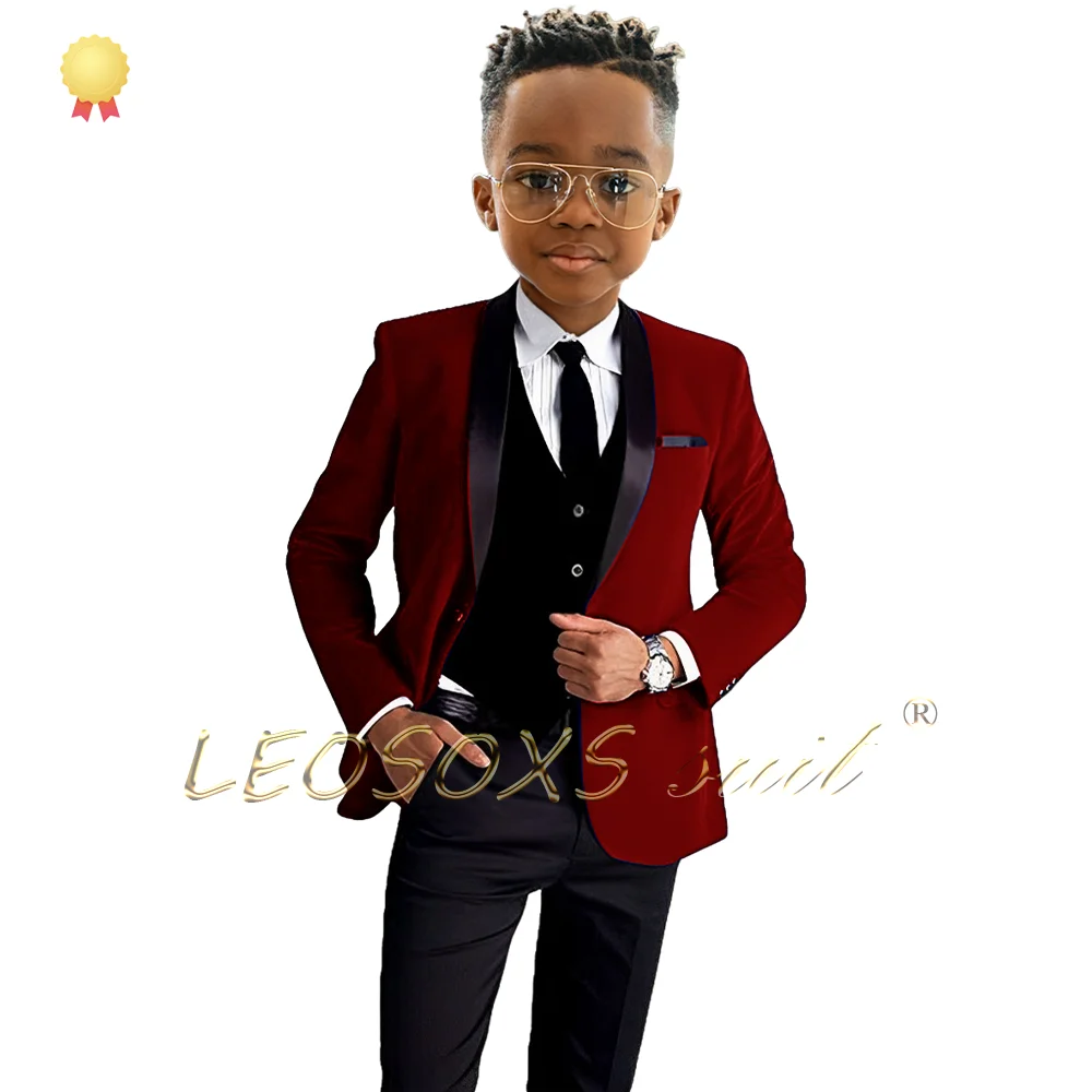 Boys Formal Suit Set 3 Piece Suit-Single Button Royal Blue Suit Velvet Jacket Black Vest Pants Wedding Tuxedo boys formal suit set