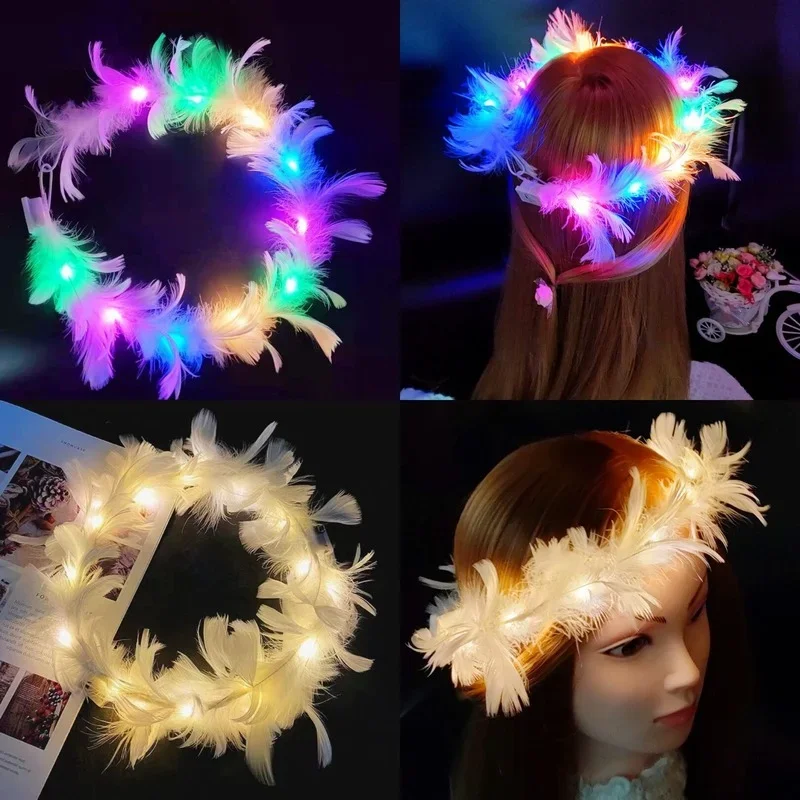 

30pcs LED Headband Light Up Feather Angel Crown Wreath Headbands Luminous Hair Accessories Wedding Halloween