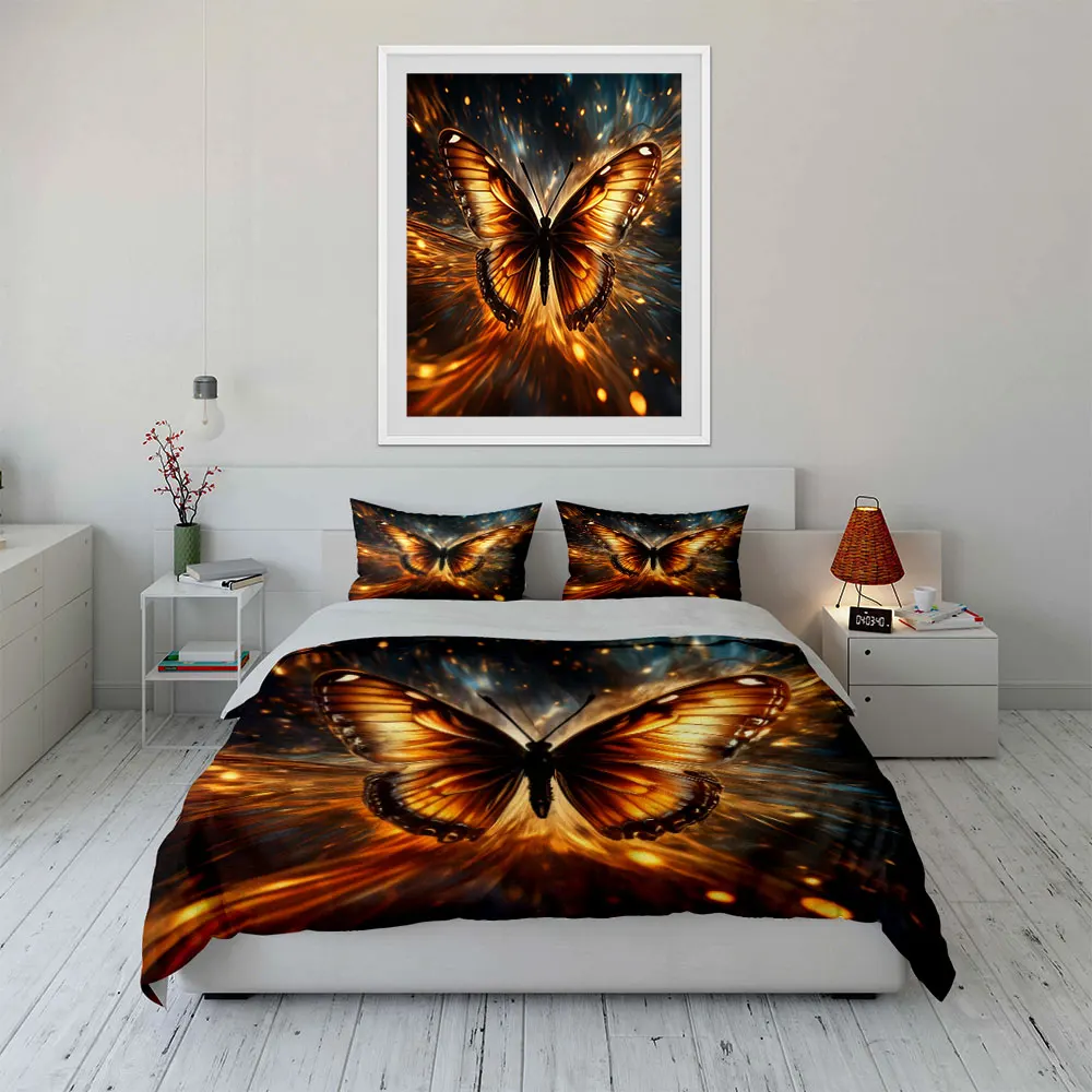 Golden Butterfly Bedding Set 3PC Magical Glowing Wings Print Duvet Cover with Pillowcases Art Style Bedding for Bedroom Decor 6