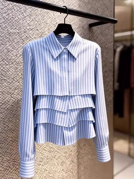 Elegant Tiered Ruffle Striped Blouse - Point Collar Long Sleeve Cropped Shirt Sophisticated Office & Daily Wear Chic Sweet Lady 1