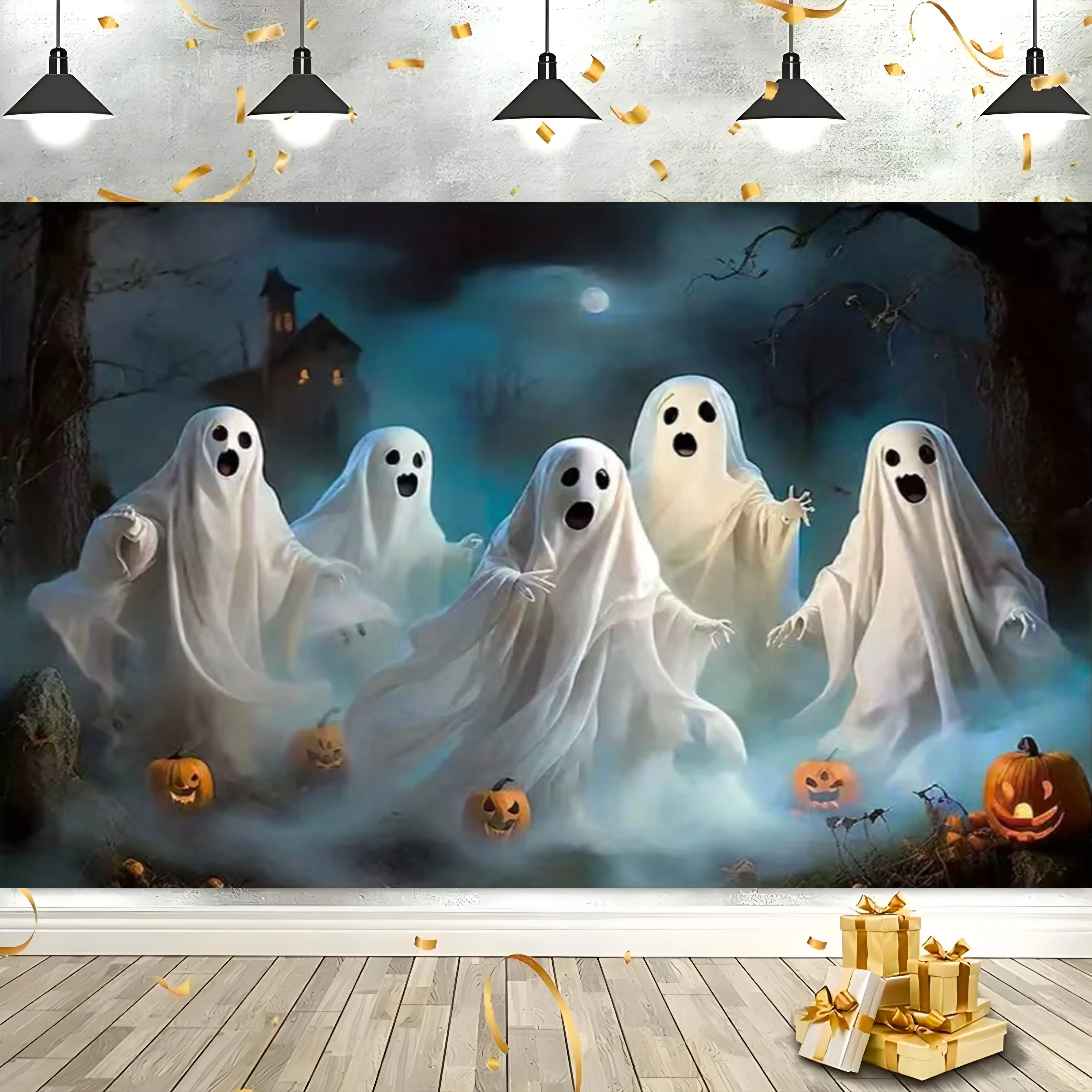 For Photography Halloween Party Backdrop Scary Dark Night Castle Backdroop Horrible Pumpkin Ghost Witch Cemetery Photography Background Halloween Party Decorations Studio Props 210x150cm Halloween Backdrops