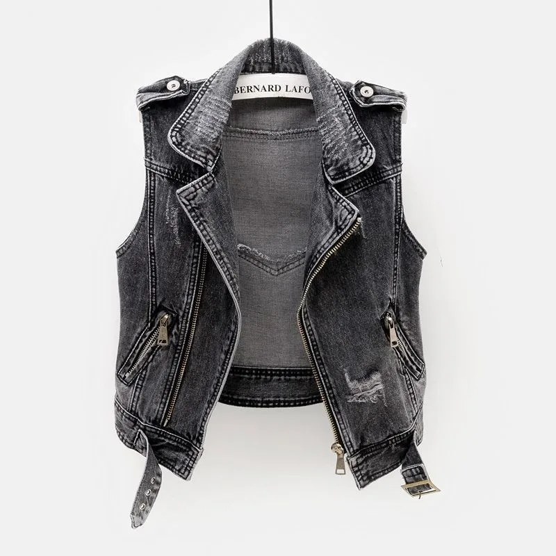 

2023 Fashion Denim Vest Female Spring Autumn Sleeveless Wild Tops Short Tank Jacket Women 5XL Smoky Gray Jean Waistcoat