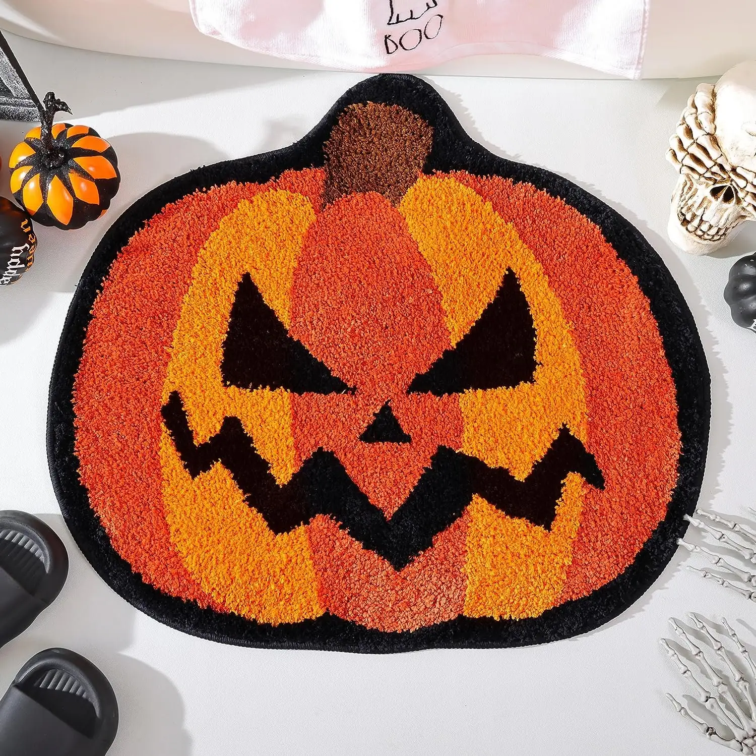 

Pumpkin Rug, Orange Pumpkin Decor, Halloween Party, Spooky Rug, Black & Orange Accent Rug, Bath Mat, Plush Rug