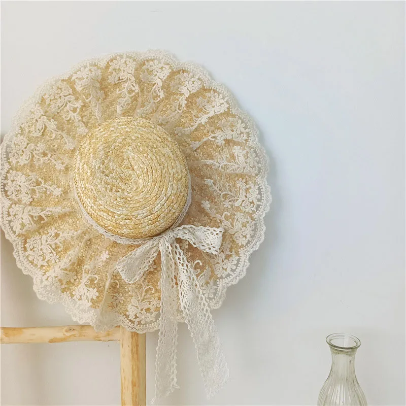 

Sweet Princess Widened Brim Wheat Straw Hat For Child Girls Lace Bow Sunhat Holiday Summer Beach Hat Kids Fashion Accessories