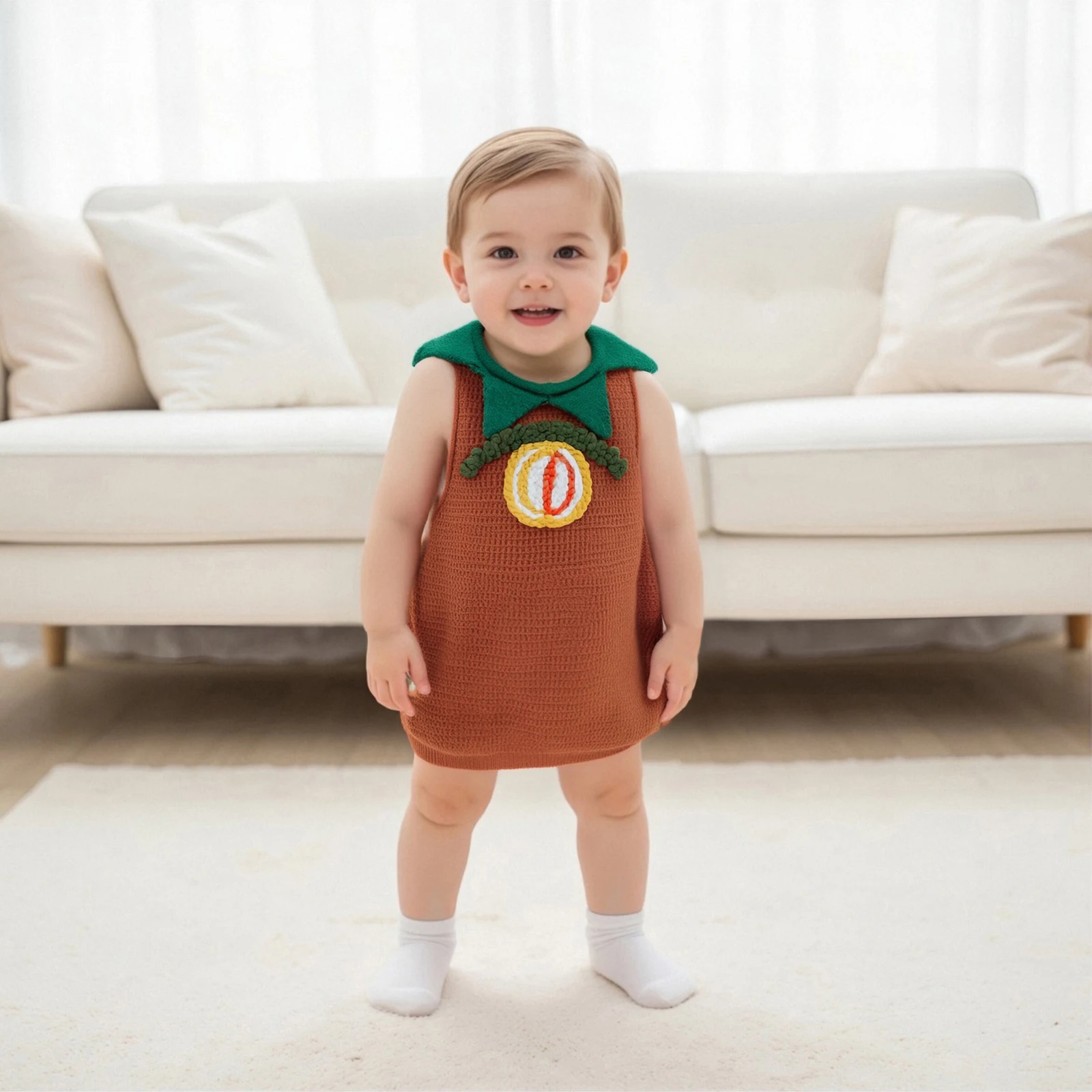  소년 소녀 할로윈 스웨터 호박 자수 크루넥 민소매 조끼 풀오버